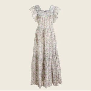 Smocked flutter-sleeve dress in cloud meadow floral